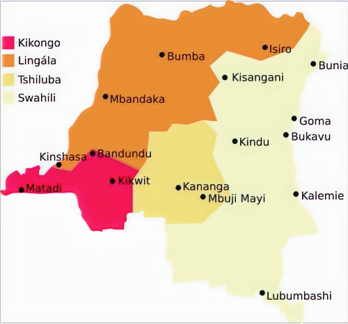 Sprachkarte des Kongo zeigt die Verbreitung von Lingala, Kikongo, Swahili und Tshiluba in verschiedenen Regionen der Demokratischen Republik Kongo.