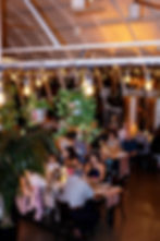 a wedding banquet dinner with guests at indoor venue Coopers Hall with cafe lights and plants in foreground