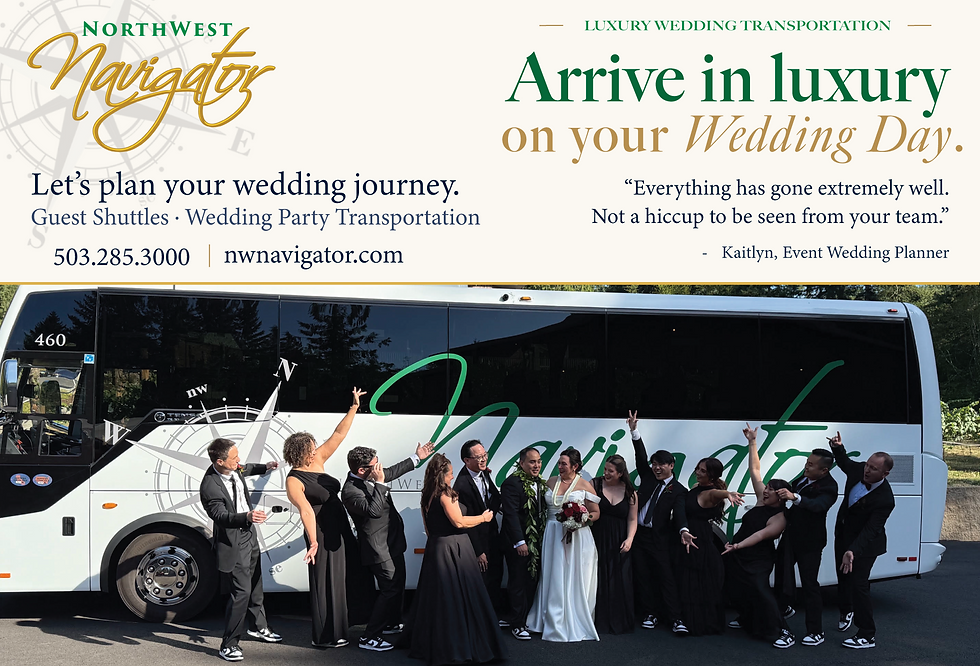 Wedding party posing in front of a NorthWest Navigator bus with informative text about the company