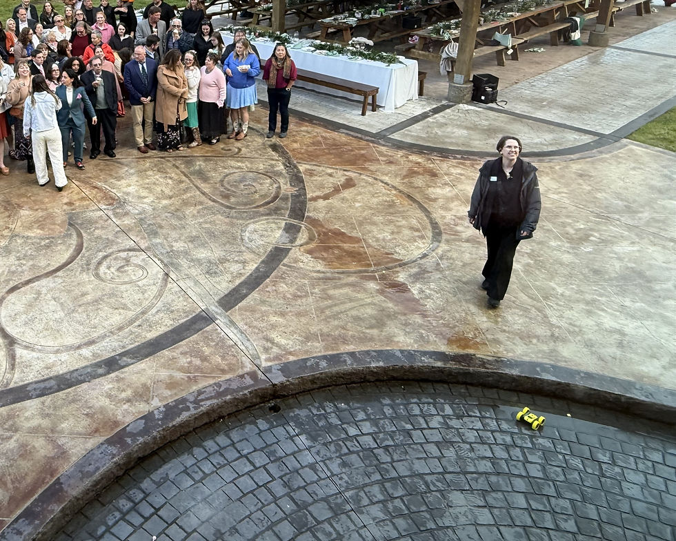 Wedding planner Andy at a wedding gathering the guests on an outdoor patio for a group shot from above