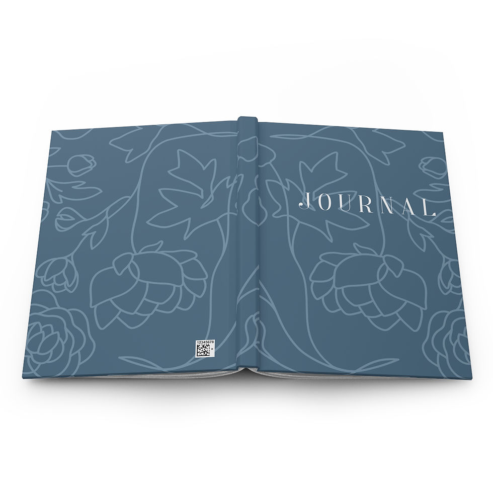 Thumbnail: Open journal with a blue cover featuring elegant white floral line art and the word "Journal" in uppercase letters.