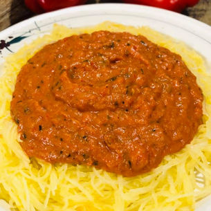 Roasted Red Pepper Sauce with Baked Spaghetti Squash