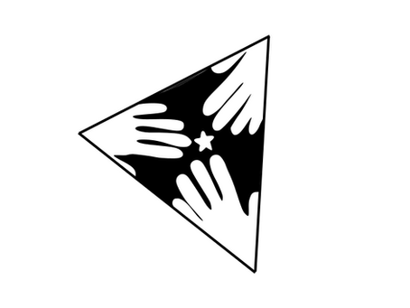 line drawing of three hands reaching towards a star