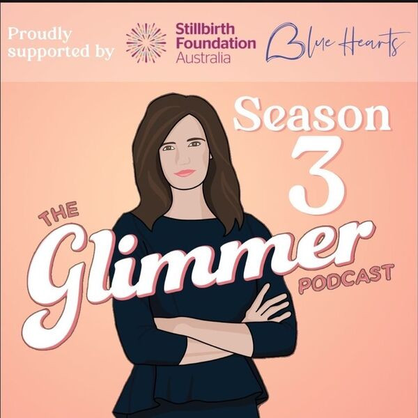 Glimmer logo. A drawing of the producer Dr Ashleigh Smith and the text "proudly supported by Stillbirth Foundation Australia and Blue Hearts"