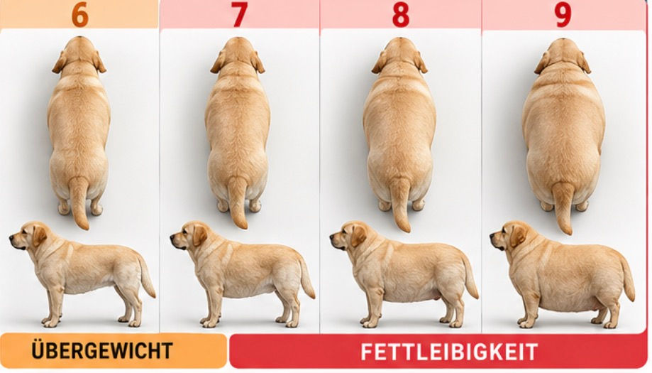 Hund zu dick: Übergewicht (BCS 6–7) und Fettleibigkeit (BCS 8–9) beim Hund