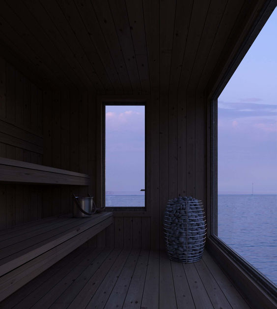 Nordic sauna interior visualization with sea view, realistic architectural rendering by Stir Visual archviz studio Europe Switzerland