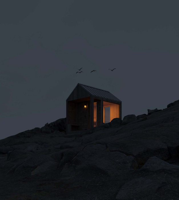 Nordic sauna cabin exterior rendering at dusk, atmospheric architectural visualization for Scandinavian project by Stir Visual Europe