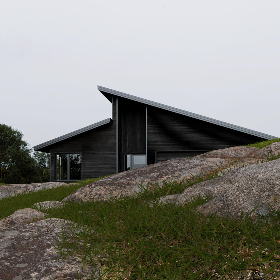 Modern black wooden house on rocky landscape with grass foreground – Scandinavian minimal architecture design.