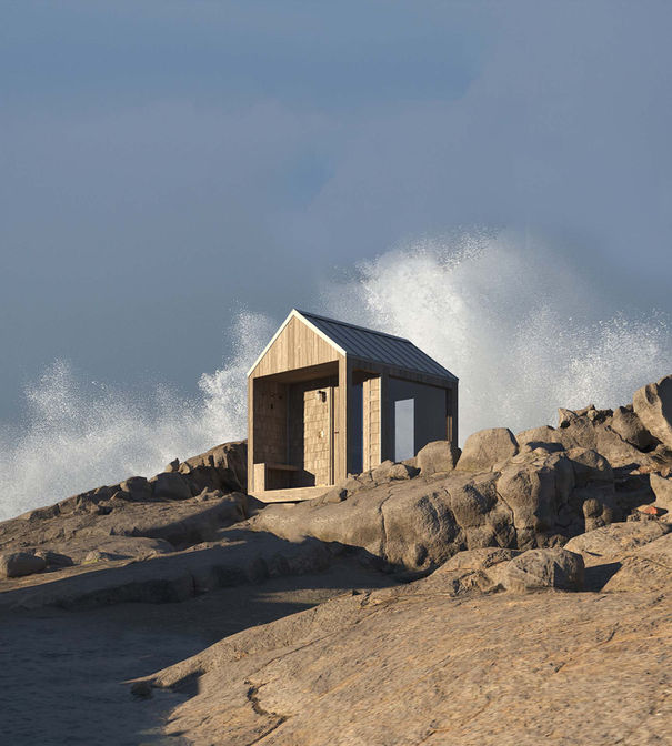 High-end architectural visualization of Scandinavian sauna near sea, photorealistic exterior rendering by Stir Visual archviz Switzerland Europe