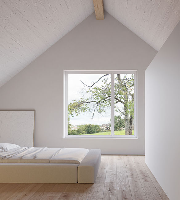 Minimal Scandinavian bedroom with large window view and natural wood flooring — photorealistic interior architectural visualization for Stockholm Sweden by Stir Visual