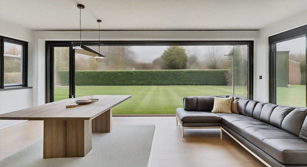 A hall with sofa and a table at the center with a windo on left looking at a lawn
Make the table closer and a bit bigger