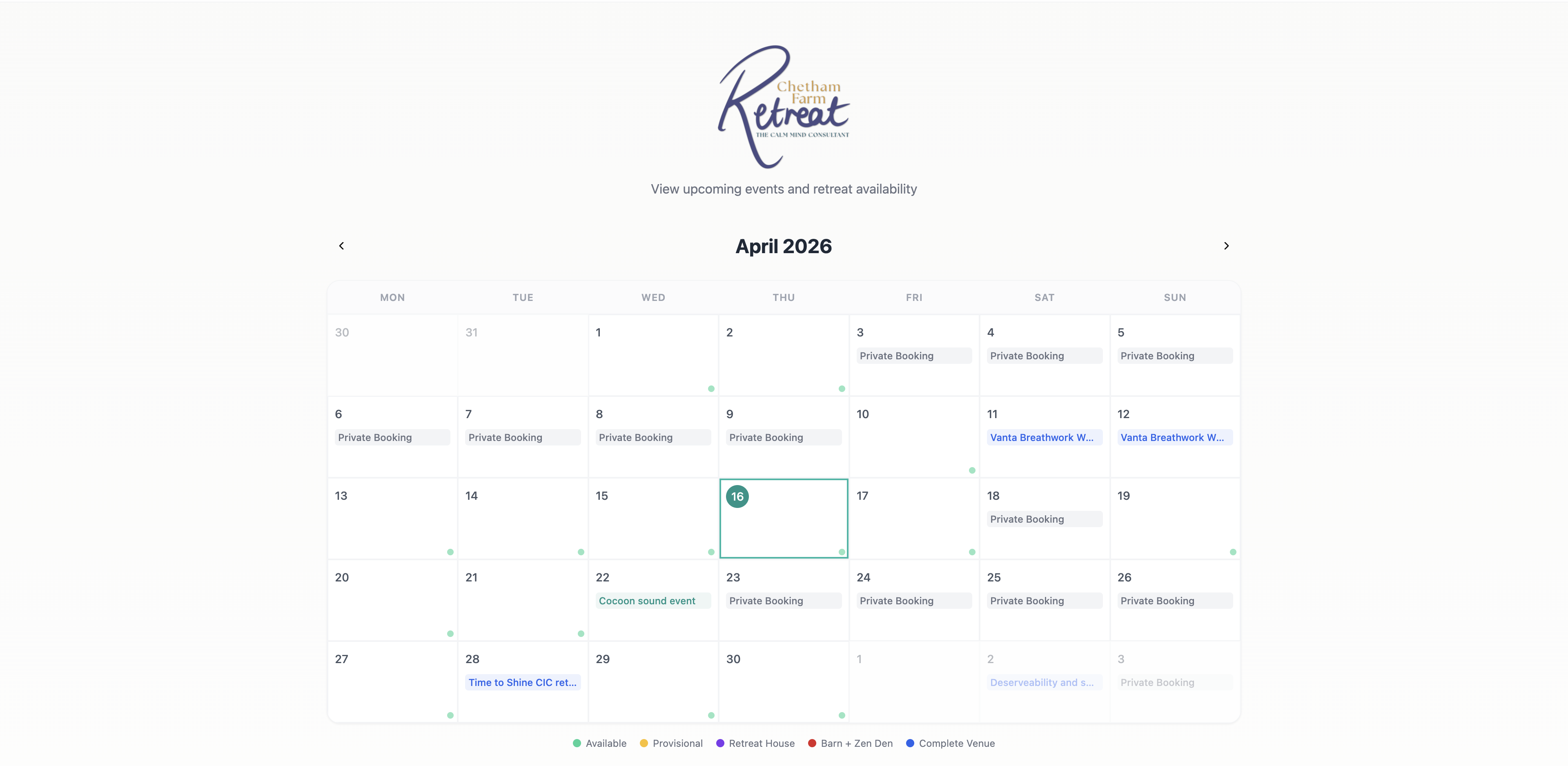 A bespoke app that combines retreat availability, with an events and booking calendar