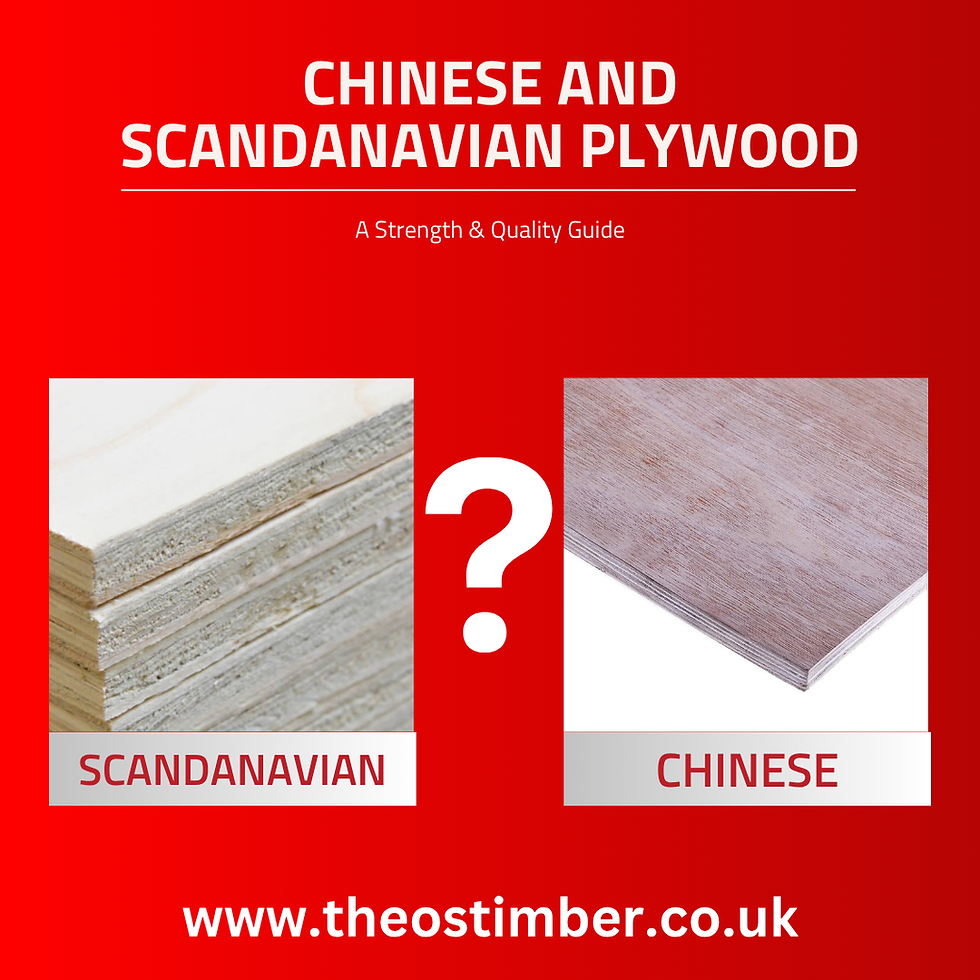 Comparison of Scandinavian and Chinese plywood with wood textures shown on a red background. Text: "A Strength & Quality Guide" and website link.