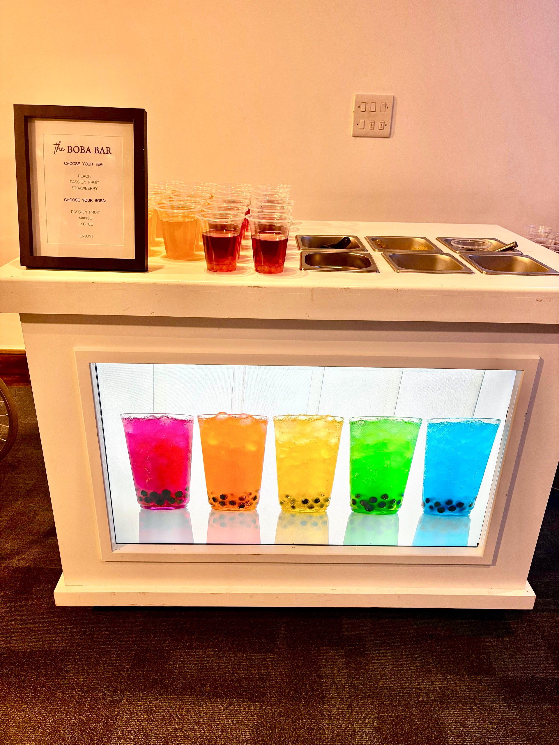 Bubble tea cart for corporate events and product launches with colourful drinks display