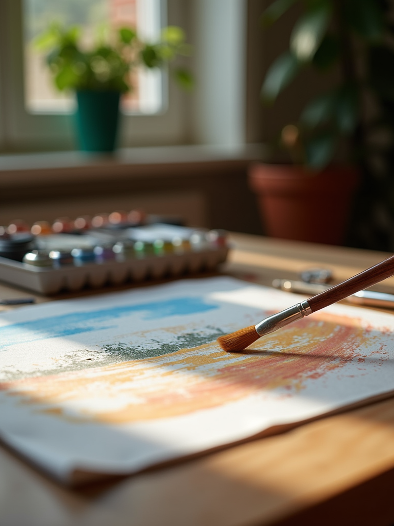 A full artistic kit featuring paints and brushes neatly arranged.