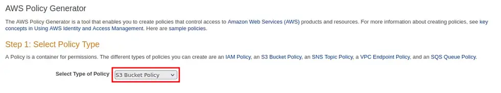 select the policy type to s3