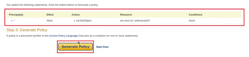 click on generate policy