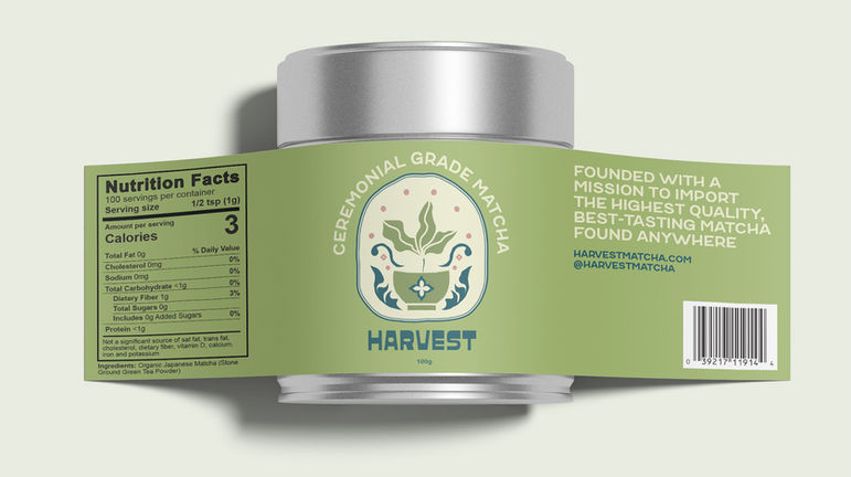 Harvest Matcha label on tin