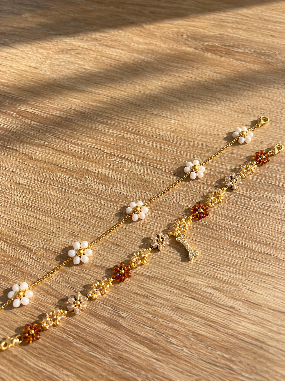 Miniature : Duo de bracelets fleuris Champagne Swarovski, ambre & doré