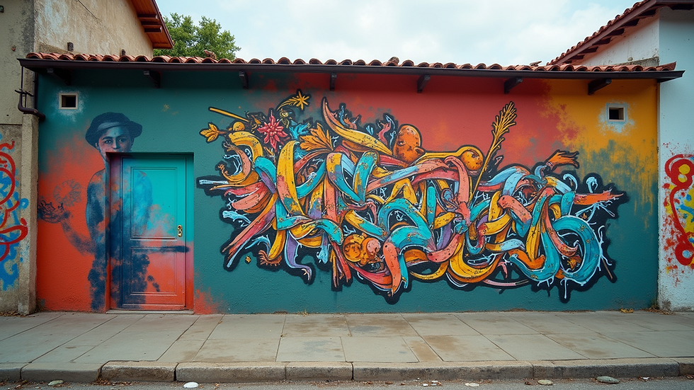 Eye-level view of a colorful mural on a community building wall