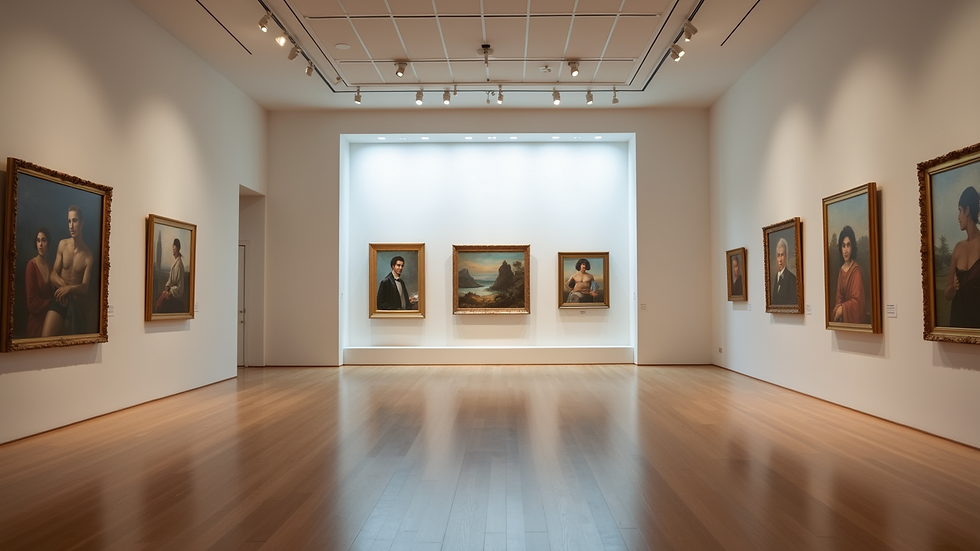 High angle view of an art gallery interior with paintings displayed
