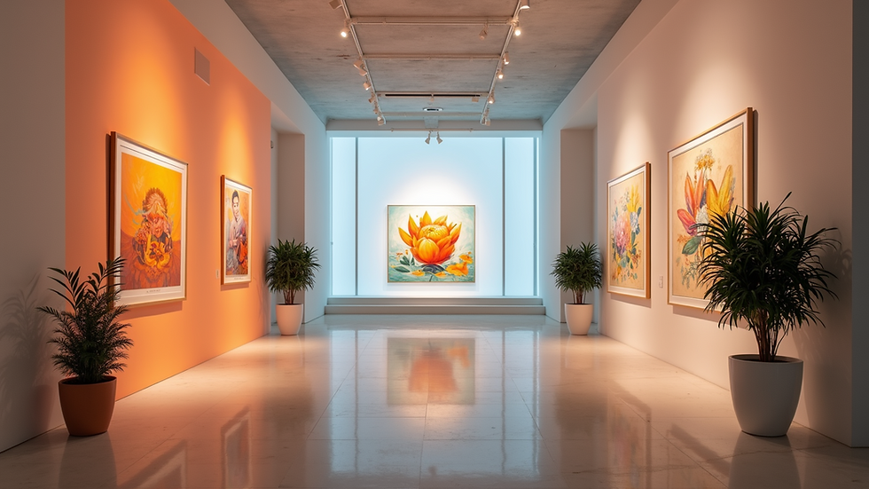 Wide angle view of a vibrant digital art gallery