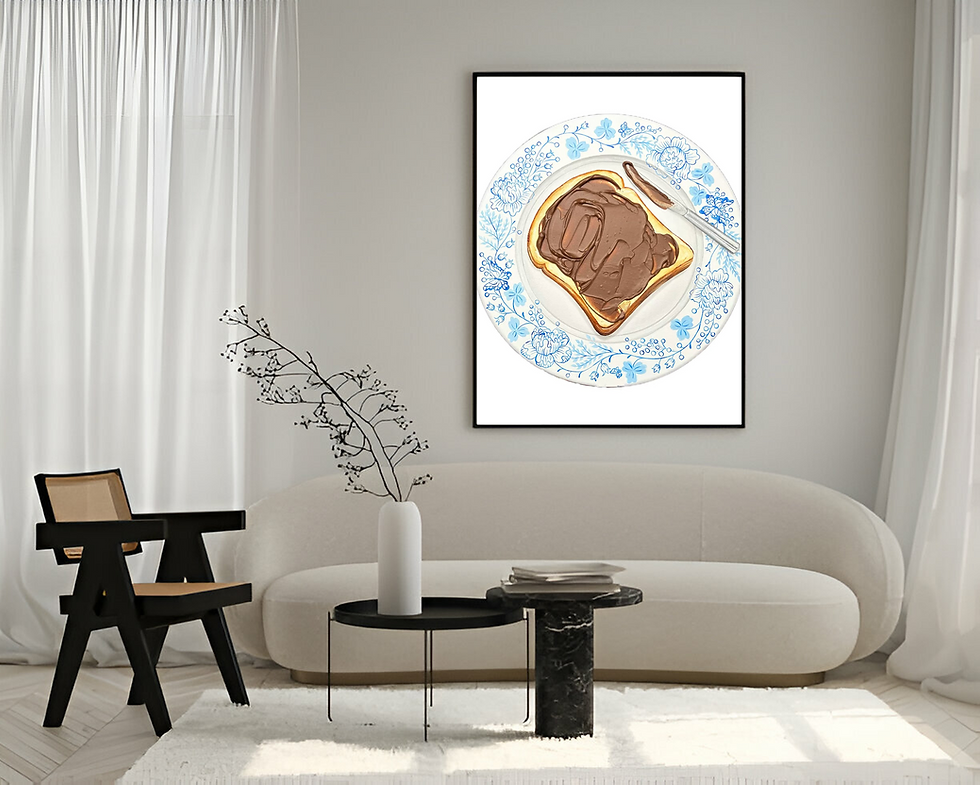 Handmade painting of a Nutella-covered bread slice on an ornate white plate displayed in a modern living area