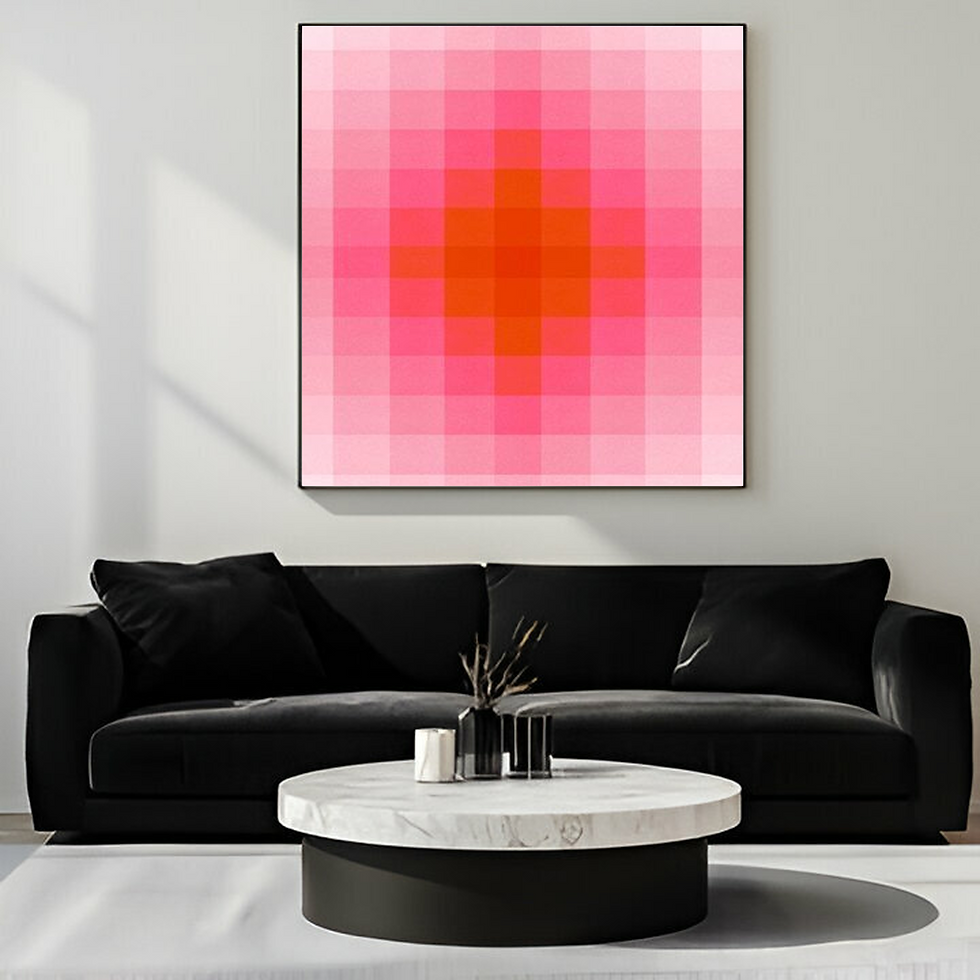 A handmade painting of pixelated blocks in orange and pink hues, fading from deep orange at the center to lighter tones at th