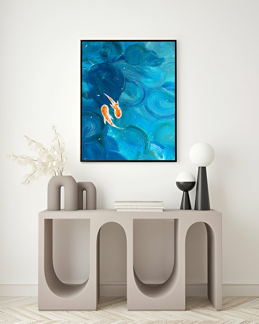 A handmade painting of two orange fish swirling in deep blue waters, capturing movement and harmony in an abstract flow