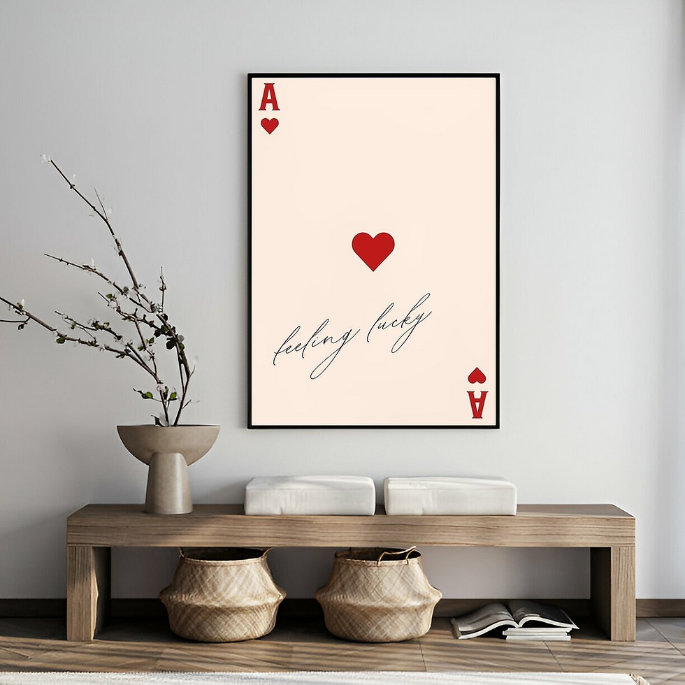 A handmade painting of an off-white Ace of Hearts card with 'Feeling Lucky' handwritten on it set against a minimalist canvas