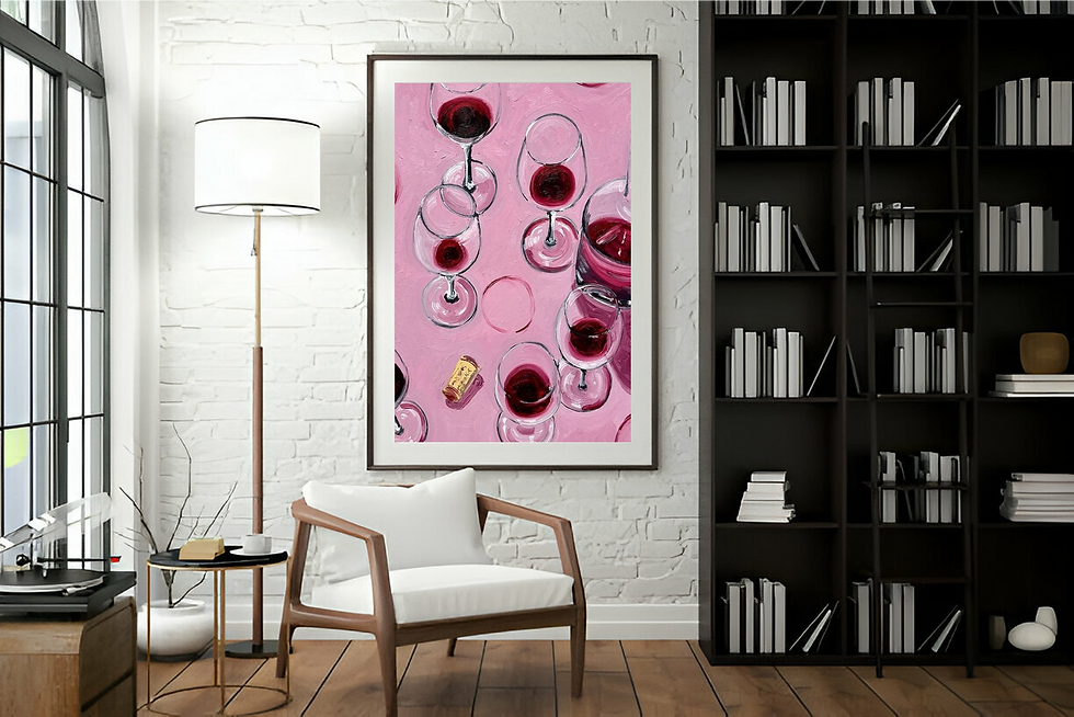 Thumbnail: A handmade painting of wine glasses with a bottle against a pink background, capturing a dreamy and elegant ambiance