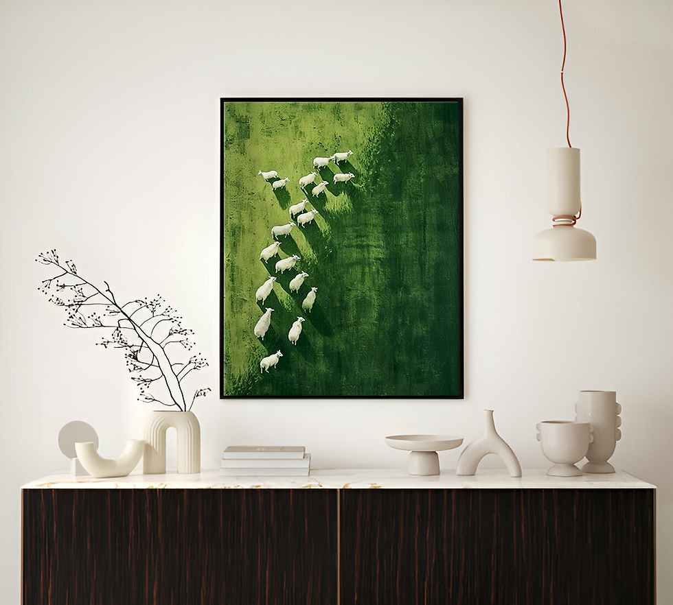 Thumbnail: A handmade painting of a dozen sheep grazing on lush green grasslands from an aerial view hanging in a modern home
