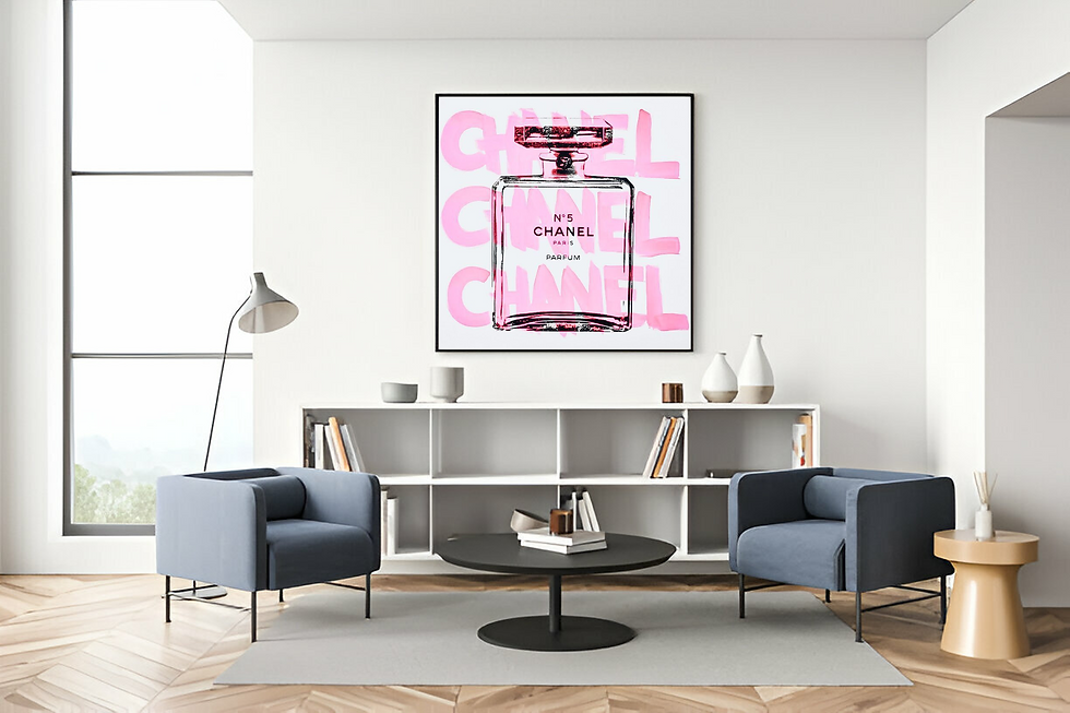 Thumbnail: Handmade painting of a Chanel No. 5 perfume bottle outline with 'Chanel' repeated in the background in light pink