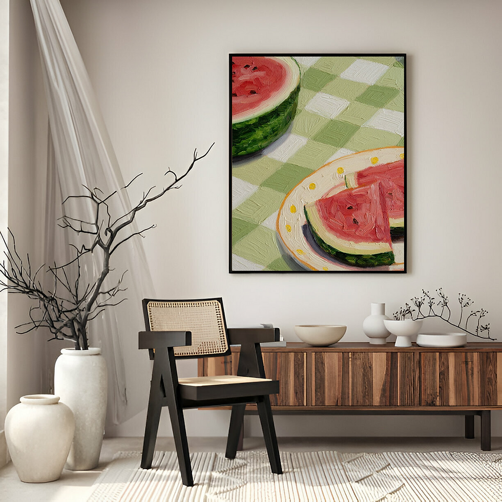 A handmade painting of watermelon slices on a plate with a half-sliced watermelon on a checkered cloth, evoking summer freshn