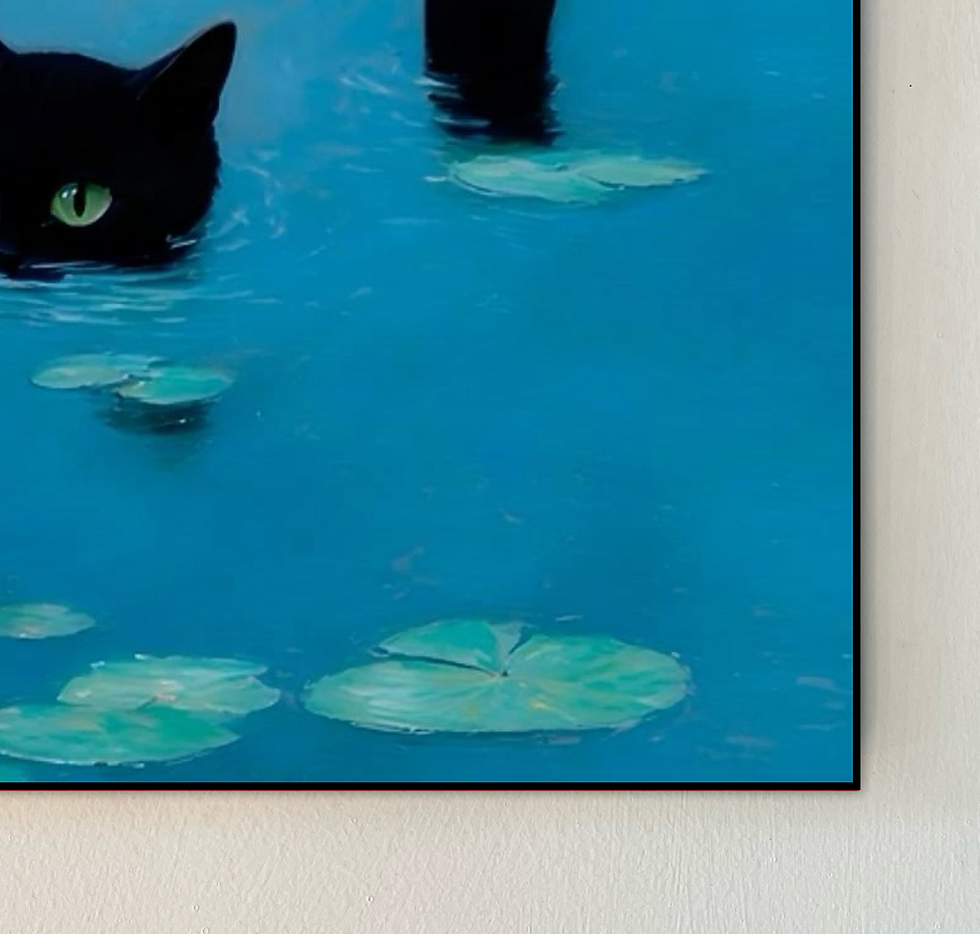 A handmade painting of a black cat in a pond with blooming lotus flowers, its head and tail visible above the water