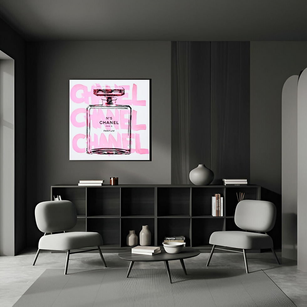Thumbnail: Handmade painting of a Chanel No. 5 perfume bottle outline with 'Chanel' repeated in the background in light pink