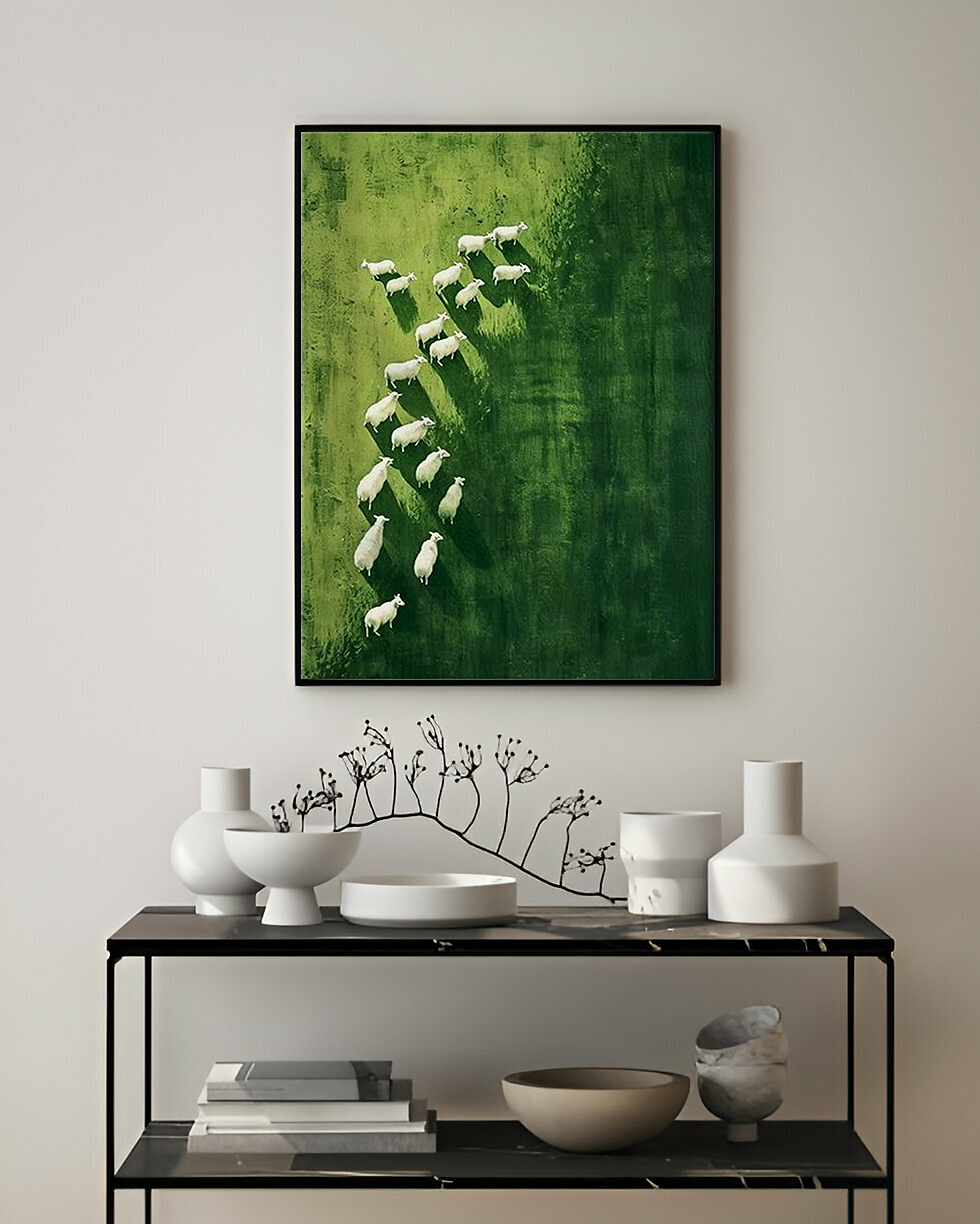 Thumbnail: A handmade painting of a dozen sheep grazing on lush green grasslands from an aerial view hanging in a modern home