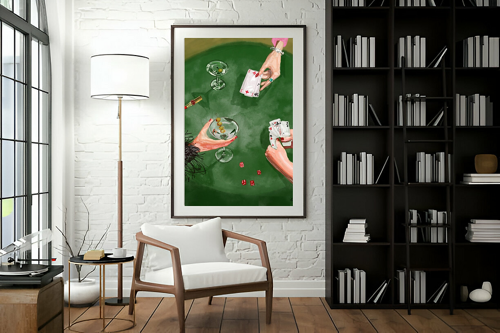 Thumbnail: A handmade painting of a round green table with elegantly dressed hands holding playing cards and cocktails in living area