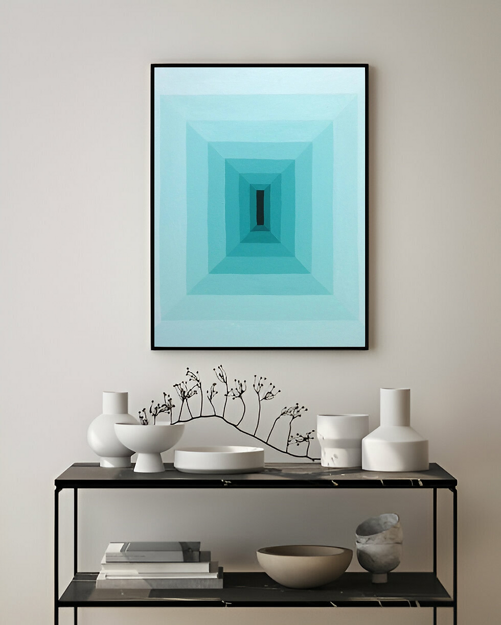 Thumbnail: A handmade painting of three deep blue vertical pillars with slight curves, separated by thin white spaces, evoking stillness