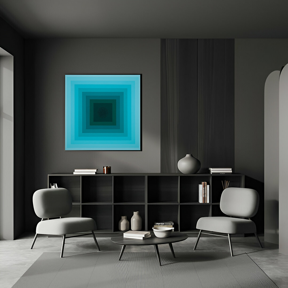 A handmade painting of a sky blue pattern deepening at the center, creating a 3D vortex effect with a serene feel