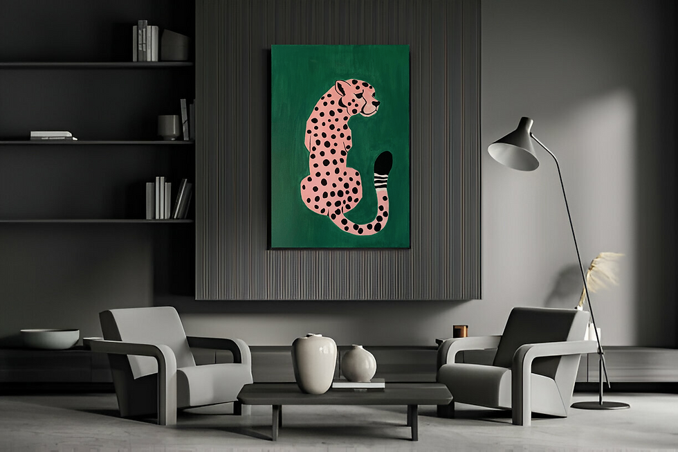 A handmade painting of a pink cheetah with black spots against an emerald green background, blending boldness with vibrancy