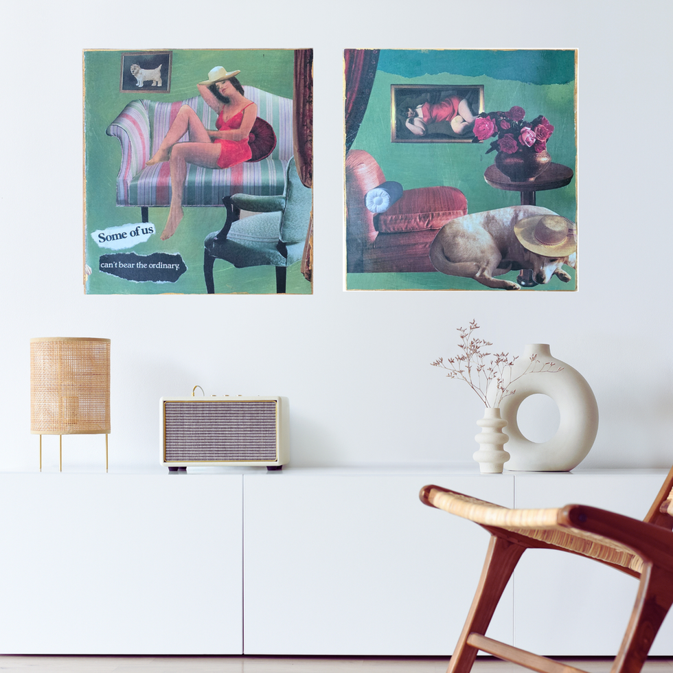 "Interior mockup showing two square collage art boards by Joan Ellis, titled 'Harmonious' and 'Never Ordinary,' hanging side-