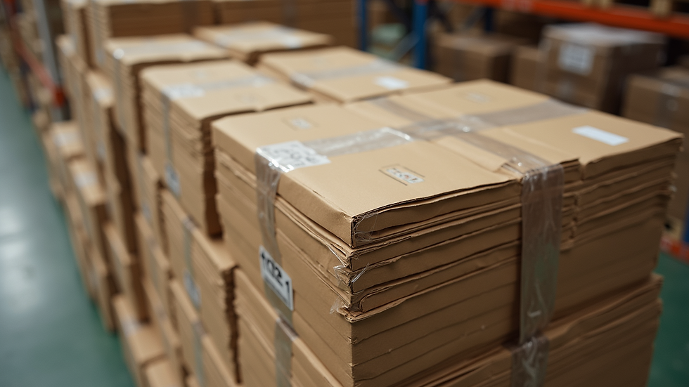 High angle view of biodegradable packaging materials stacked in a warehouse