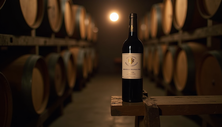 Close-up view of a bottle of Brunello di Montalcino resting on a wooden rack