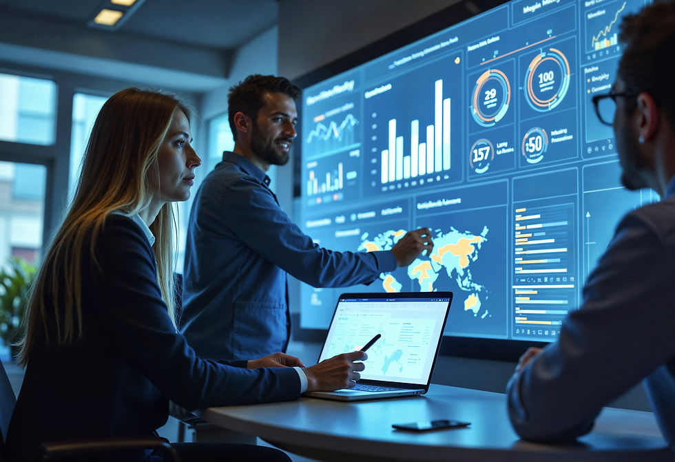 Equipo de trabajo de la industria automotriz tomando decisiones con análisis de datos