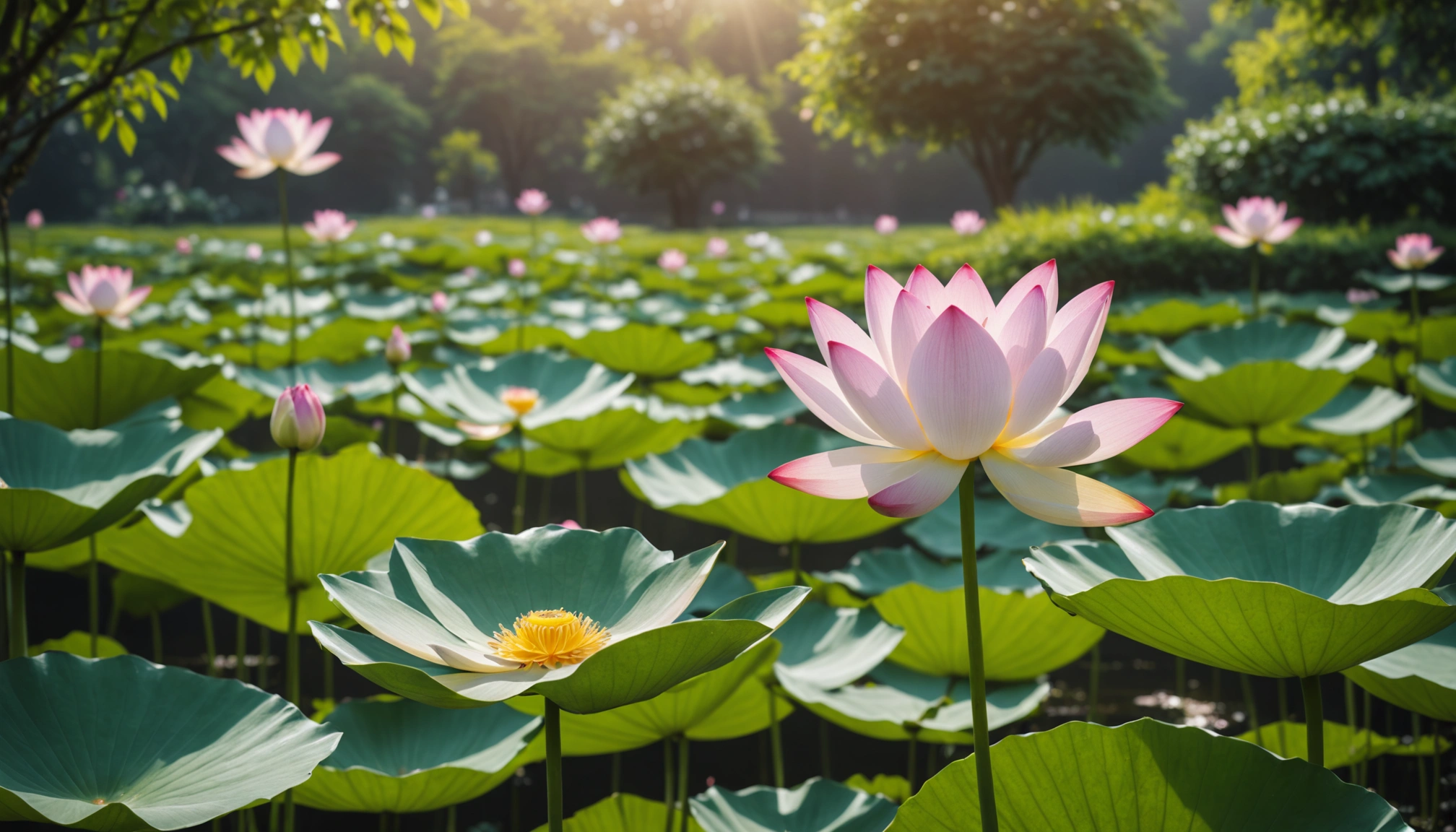 Eye-level view of a peaceful garden with a single blooming lotus