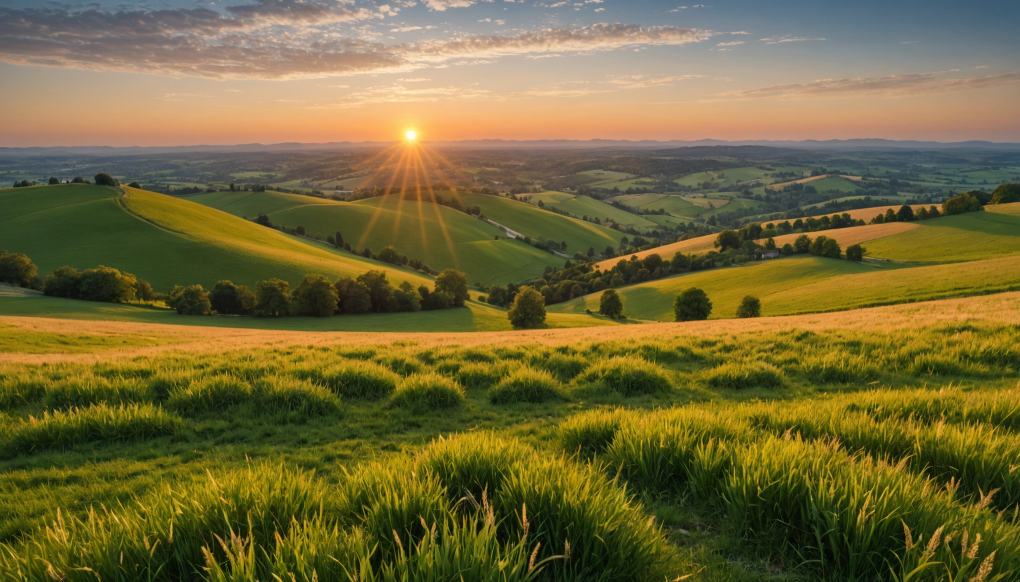 Wide angle view of a serene landscape during sunset