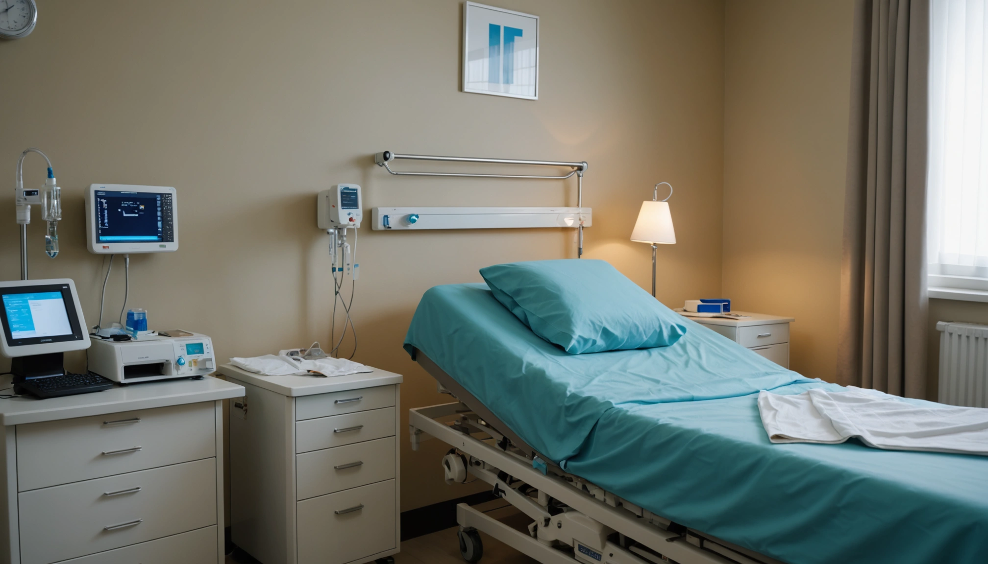 Close-up view of a hospital room with a vacant bed