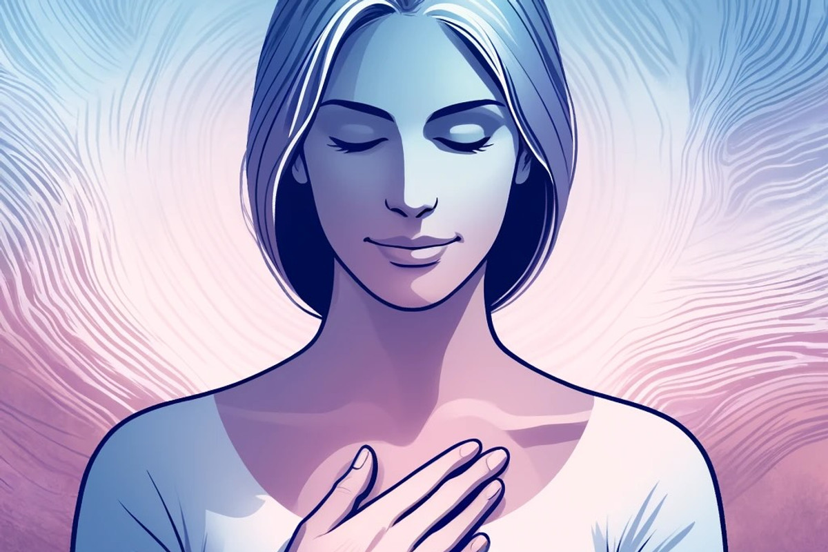 DALL·E 2024-06-04 08.06.40 - A middle-aged woman with a calm and confident expression, placing her palm on her chest and holding her head high. The artwork features soothing color.jpeg