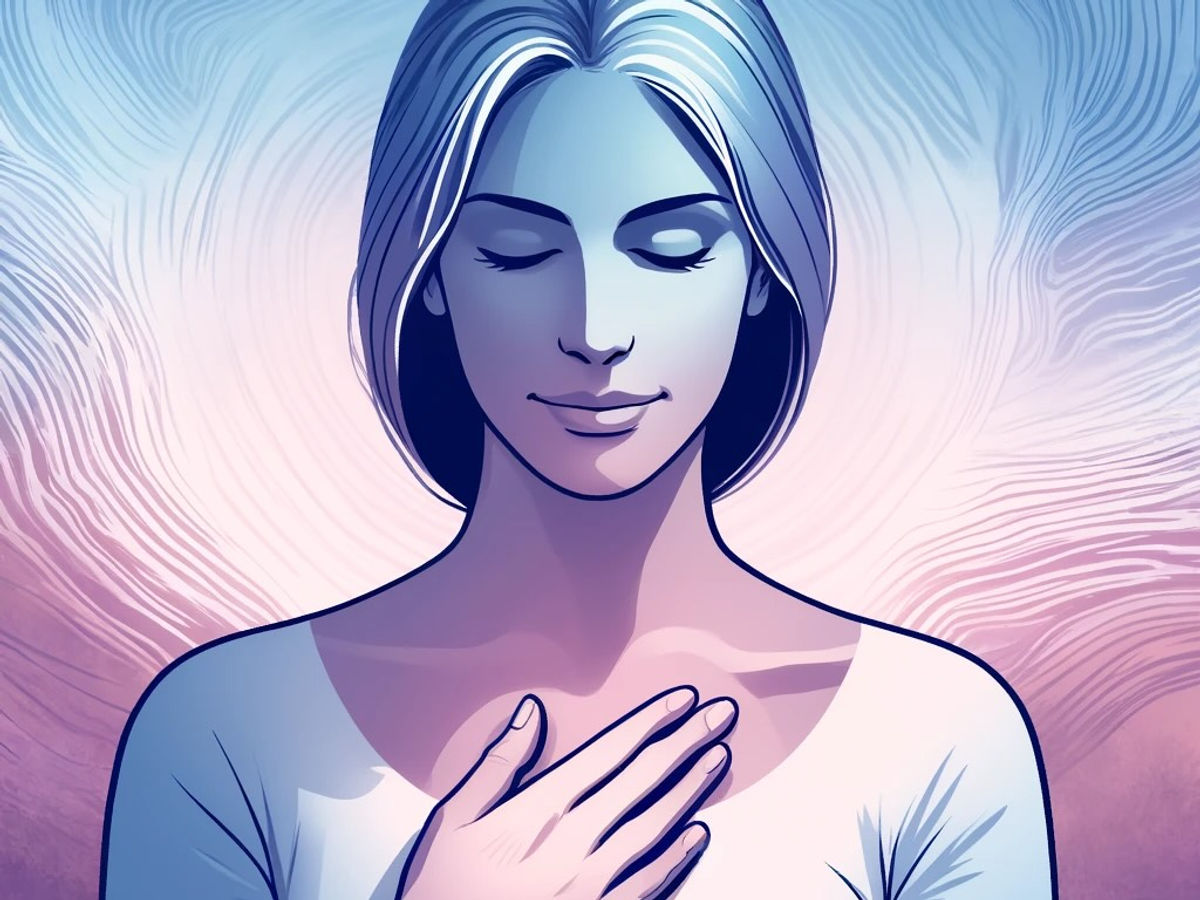 DALL·E 2024-06-04 08.06.40 - A middle-aged woman with a calm and confident expression, placing her palm on her chest and holding her head high. The artwork features soothing color.jpeg